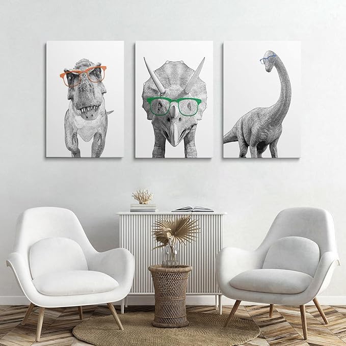GUBIYU Black and White Animals Canvas Wall Art Print Set of 3 - Dinosaur Bathroom Decor Room Posters - Funny Painting for Kids Boy Girl Nursery 12"x16"