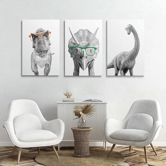 GUBIYU Black and White Animals Canvas Wall Art Print Set of 3 - Dinosaur Bathroom Decor Room Posters - Funny Painting for Kids Boy Girl Nursery 12"x16"