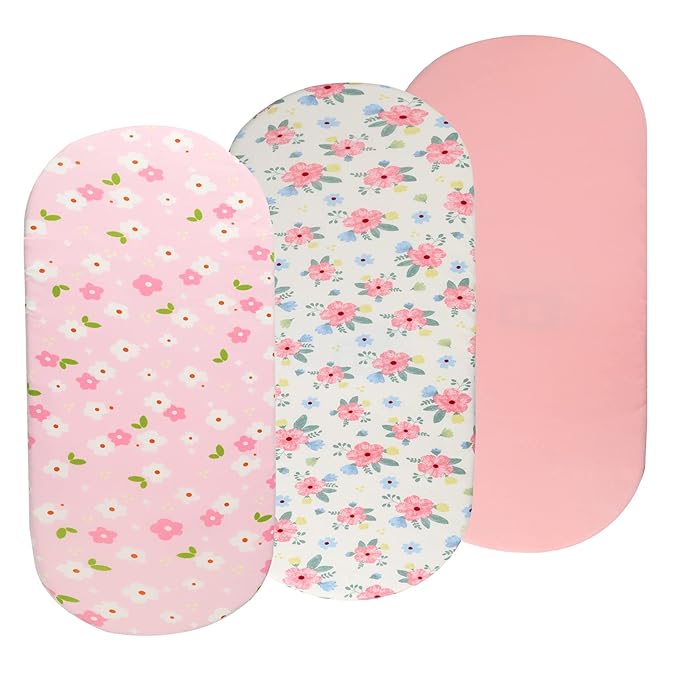 Onacosht Bassinet Sheets Set 3 Pack for Baby Girl, Stretchy Soft Jersey Knitted Fitted Sheet Universal for Oval Rectangle and Hourglass Bassinet Mattress, Pink Floral
