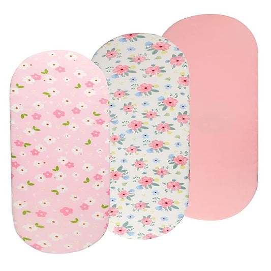 Onacosht Bassinet Sheets Set 3 Pack for Baby Girl, Stretchy Soft Jersey Knitted Fitted Sheet Universal for Oval Rectangle and Hourglass Bassinet Mattress, Pink Floral