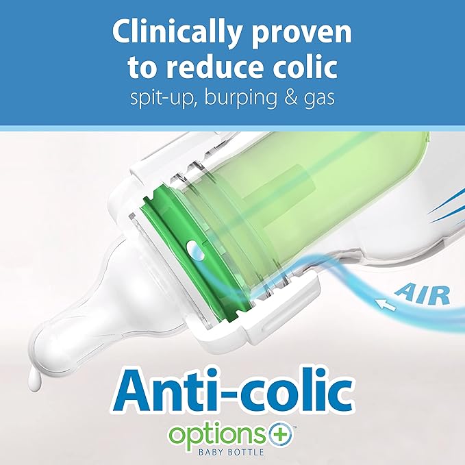 Dr. Brown's Natural Flow Anti-Colic Options+ Narrow Baby Bottle, Blue Nature, 8 oz/250 mL, with Level 1 Slow Flow Nipples, 0m+, 4 Pack