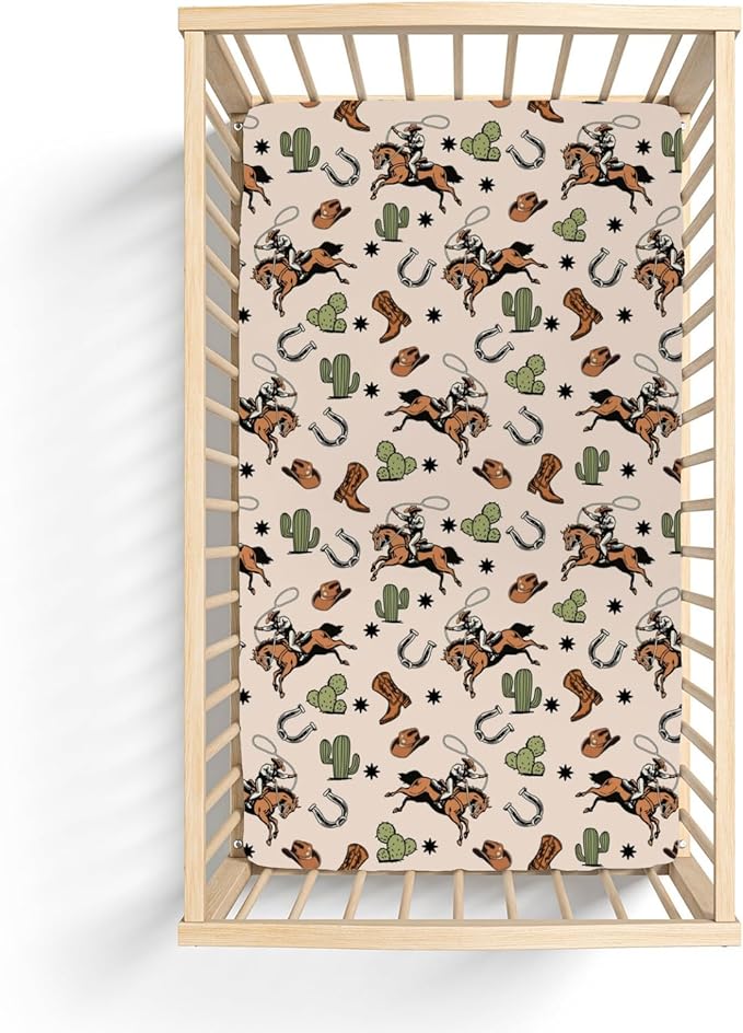 Country Western Baby Crib Sheets for Boy Girl 52x28Inch Cowboy Hat Boots Horse Cactus Soft Snug Fitted Crib Mattress Covers Wild West Desert Baby Sheet for Standard Crib & Toddler Bed Mattresses