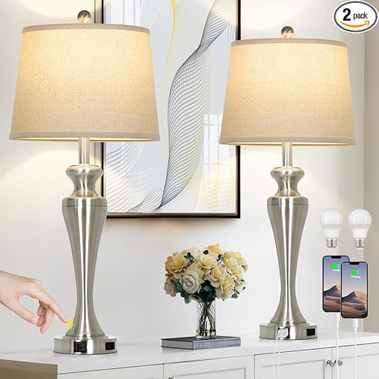 LUXEFLOW 30" Silver Table Lamps Set of 2, 3-Way Dimmable Touch Living Room Lamp with USB A+C Ports and AC Outlet, Modern Brushed Nickel Bedroom Lamps, Tall Metal Bedside Lamp for Nightstand Side Table