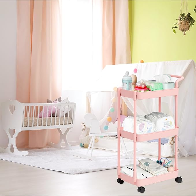 Volnamal Baby Diaper Caddy – Plastic Diaper Organizer for Nursery Essentials, Movable Cart for Changing Table & Crib, Easy to Assemble, Pink