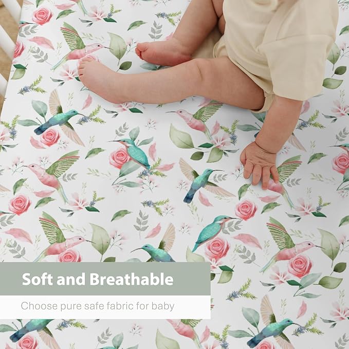 Hummingbird Greenery Floral Baby Crib Sheets for Boy Girl 28"x52" Spring Birds Leaves Soft Snug Fitted Crib Mattress Cover Forest Animals Nursery Baby Sheet for Standard Crib & Toddler Mattress Pad