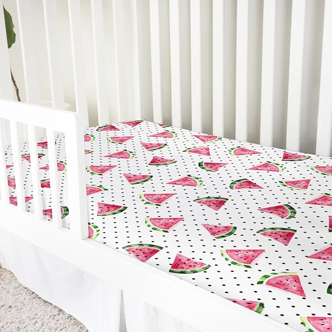 Watercolor Watermelon Dots Baby Crib Sheets 52''x28'' Watermelon Fruits Snug Fitted Crib Mattress Covers for Boy Girl Boho Summer Fruits Soft Baby Bed Sheet for Standard Crib Toddler Mattress