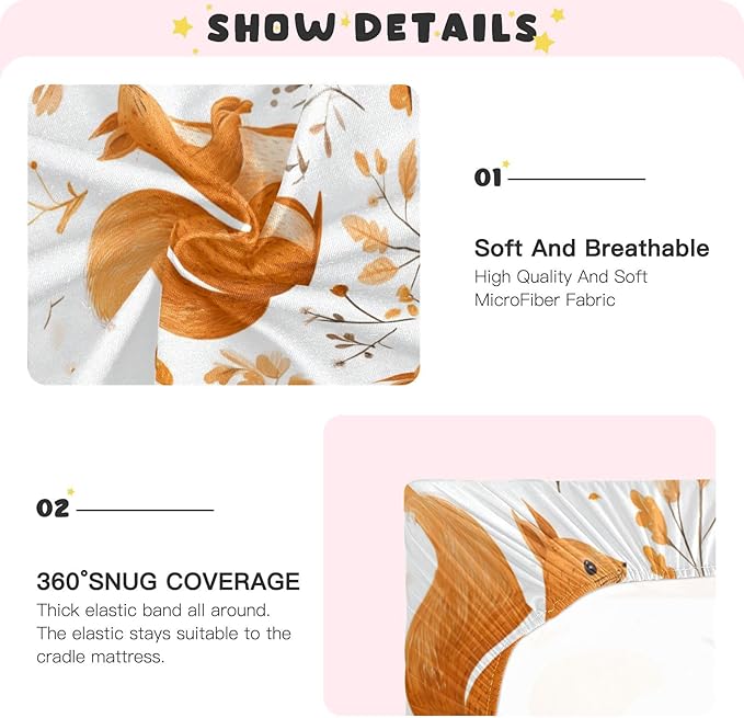 Orange Squirrels and Autumn Leaves Crib Sheets Standard Crib Toddler Mattresses Cover Fitted Baby Bed Sheet Breathable Crib Mattress Sheet for Girls Boys 52" x 28"x5''