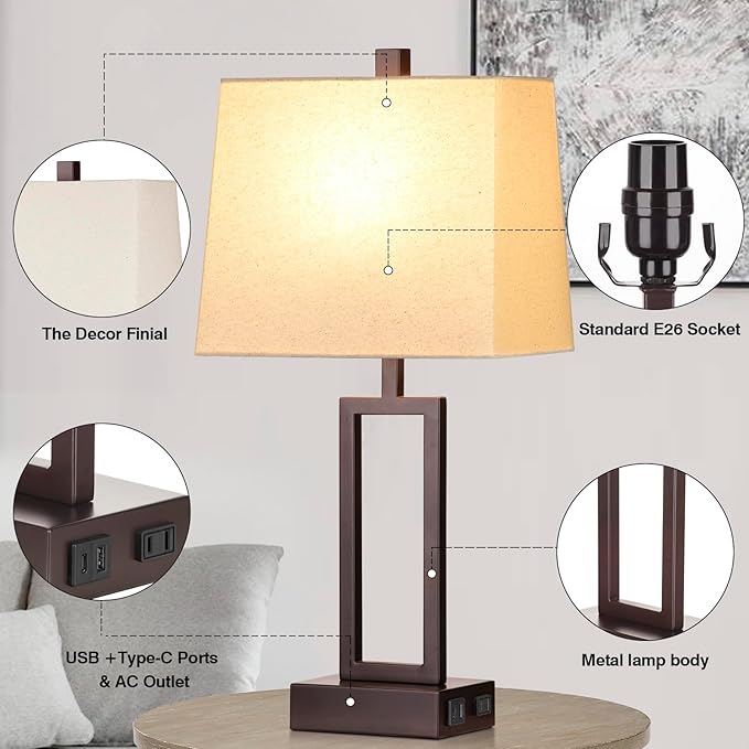 Lolikit 23.5" Touch Control Table Lamps, Metal Bedside Lamp for Bedroom Set of 2 with USB A+C Ports & AC Outlet, 3-Way Dimmable Nightstand Lamp for Living Room (LED Bulb Included)