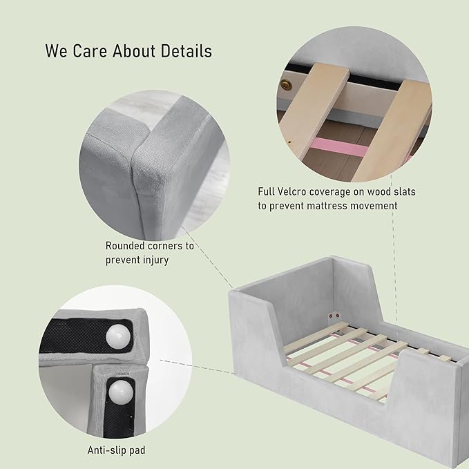 Toddler Bed, Toddler Floor Bed Frame with Guard Rails, Kids Bed for Ages 2-6 Years, Certified Fabric Beds