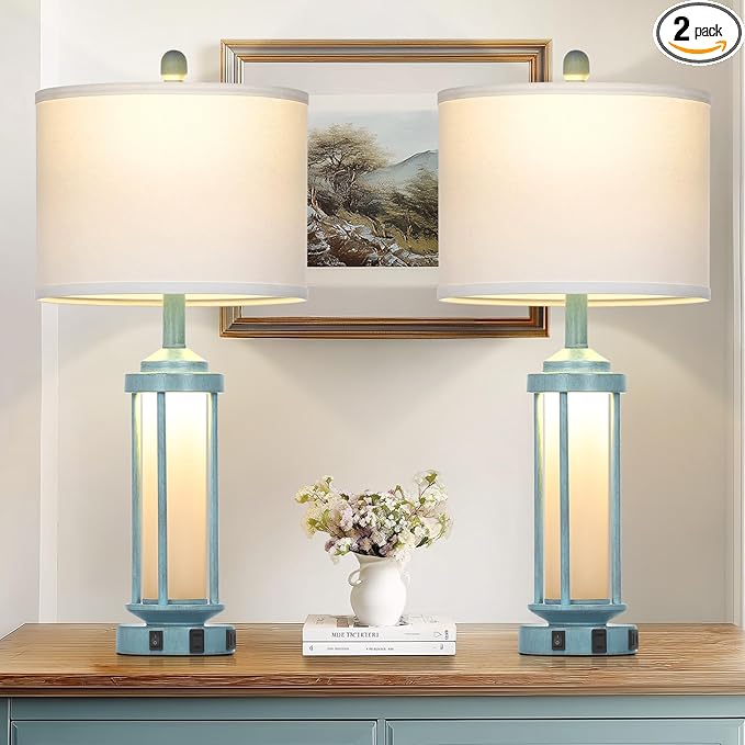 Farmhouse Table Lamps Set of 2 for Living Room, 27" Tall Rustic Vintage Table Lamp with USB A+C Charging Ports & AC Outlet, Modern Retro industrial Nightstand Bedside Lamp for Bedroom Side Table Decor