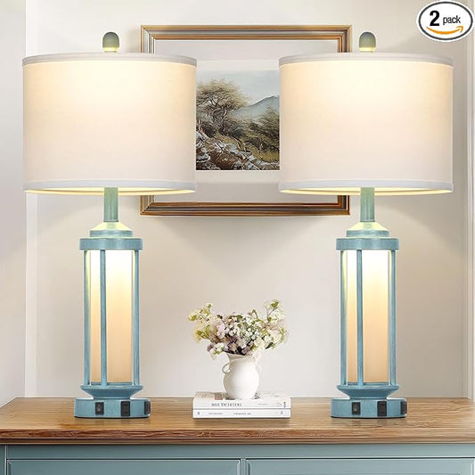 Farmhouse Table Lamps Set of 2 for Living Room, 27" Tall Rustic Vintage Table Lamp with USB A+C Charging Ports & AC Outlet, Modern Retro industrial Nightstand Bedside Lamp for Bedroom Side Table Decor