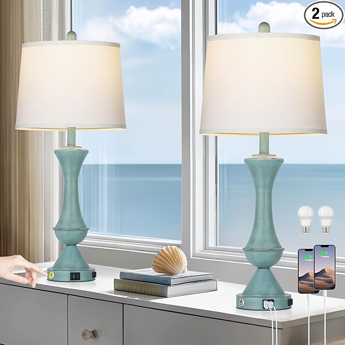 luxeflow 29" Coastal Tall Blue Table Lamps Set of 2 for Living Room, Touch Control Bedroom Lamps for Nightstand, 3-Way Dimmable Bedside Lamp with USB A+C Ports & AC Outlets (2 LED Bulbs Included)