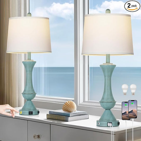 luxeflow 29" Coastal Tall Blue Table Lamps Set of 2 for Living Room, Touch Control Bedroom Lamps for Nightstand, 3-Way Dimmable Bedside Lamp with USB A+C Ports & AC Outlets (2 LED Bulbs Included)