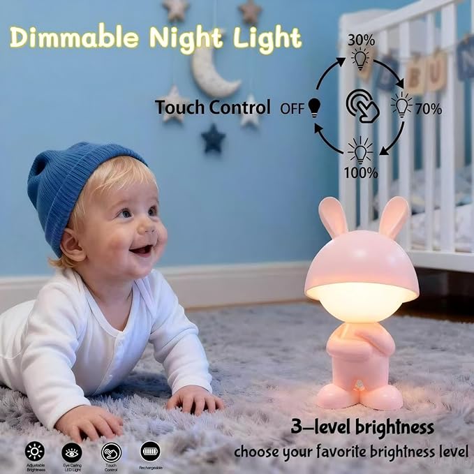 ShonlPin Night Light for Kids,Rechargeable Table Lamp,Touch Lamps for Nightstand,Dimmable,Breastfeeding,Nursery,Sleep Aid,Pink Bunny Decor Gifts Stuff for Baby Toddler Boys Girls Christmas Birthday