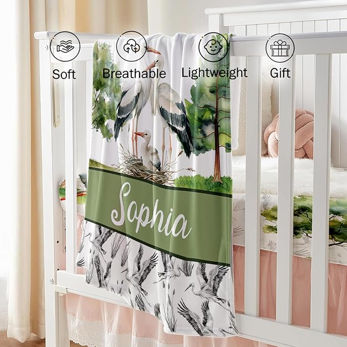 Custom Baby Crib Bedding Set, Personalized Name Moon Crane Design Crib Set 3 Pcs, Soft Double Layer Blanket, Crib Sheet & Room Rug, Ideal Nursery Decor Gift for Baby Girls Boys