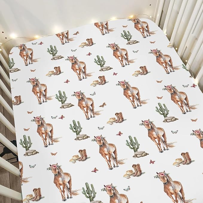 Cactus Horse Cowboy Baby Crib Sheets for Boy Girl 52x28Inch Cowboy Boots Hat Butterflies Soft Snug Fitted Crib Mattress Covers Western Horses Baby Sheet for Standard Crib & Toddler Bed Mattress