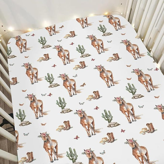 Cactus Horse Cowboy Baby Crib Sheets for Boy Girl 52x28Inch Cowboy Boots Hat Butterflies Soft Snug Fitted Crib Mattress Covers Western Horses Baby Sheet for Standard Crib & Toddler Bed Mattress
