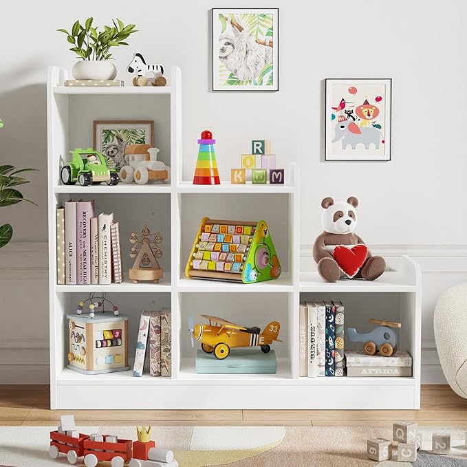 Derfullo Book Shelf, 6-Cube Toy Organizers and Storage, Small Open Floor Montessori Bookcase for Kids Room, Bedroom and Playroom, 35.4" W x 11.8" D x 31.5" H, White