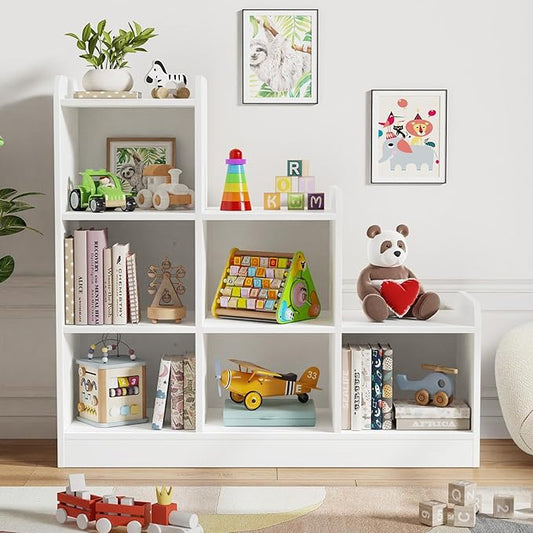 Derfullo Book Shelf, 6-Cube Toy Organizers and Storage, Small Open Floor Montessori Bookcase for Kids Room, Bedroom and Playroom, 35.4" W x 11.8" D x 31.5" H, White
