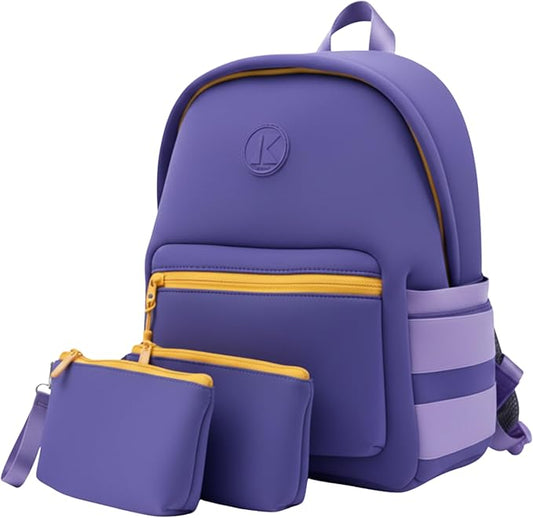 Kaywee 3pc Neoprene Kids Travel Backpack SET| 2 zipper pouches | Preschool backpack with AirTag holder for kids |Purple Toddler Girl Backpack toddler backpack for girls daycare essentials