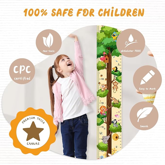 Woodemon Personalized Name Growth Chart for Wall, Painted Tree Animals Canvas Height Chart for Kids Baby Child Toddler, Canvas Growth Chart for Wall Nursery Decor, Hangable & Waterproof