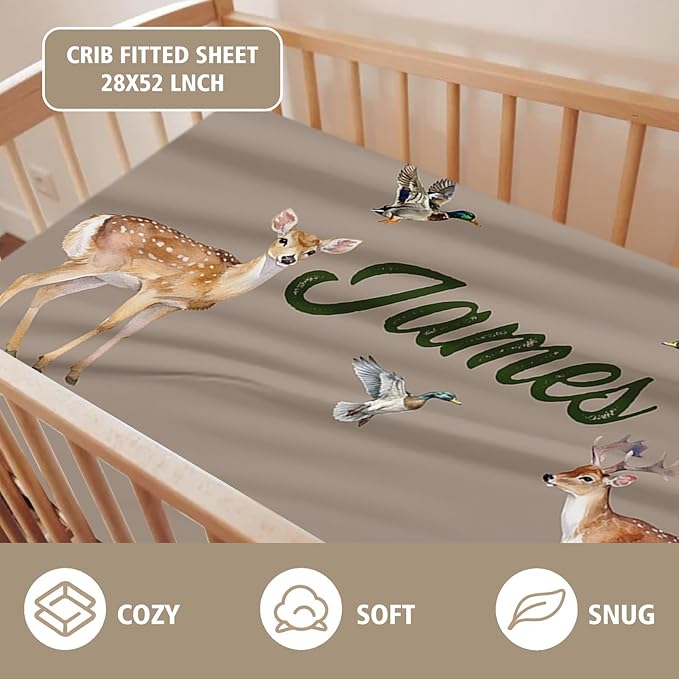 Custom Name Crib Bedding Set 3-Piece – Multi-Grid Deer Design Baby Bedding Set with Personalized Soft Blanket, Fitted Sheet, Changing Pad Cover – Ideal Newborn Gift for Boys and Girls