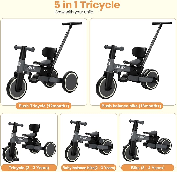 BoBike 5-in-1 Tricycle for Toddlers 18 Months to 5 Years, Kids Bike with Upgraded Pedals, Parent Push Handle, Balance Bike & Easy Assembly for Boys Girls (Grey)