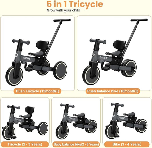 BoBike 5-in-1 Tricycle for Toddlers 18 Months to 5 Years, Kids Bike with Upgraded Pedals, Parent Push Handle, Balance Bike & Easy Assembly for Boys Girls (Grey)