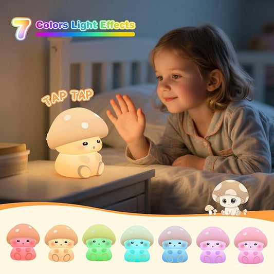 ICARER FAMILY Mushroom Night Light, White Silicone Night Lamp, Touch Control with 30/60 min Dimmble, 3 Brightness Levels, 7 Color Changing, LED Night Lights, USB-C Rechargeable, Gifts for Girls Boys