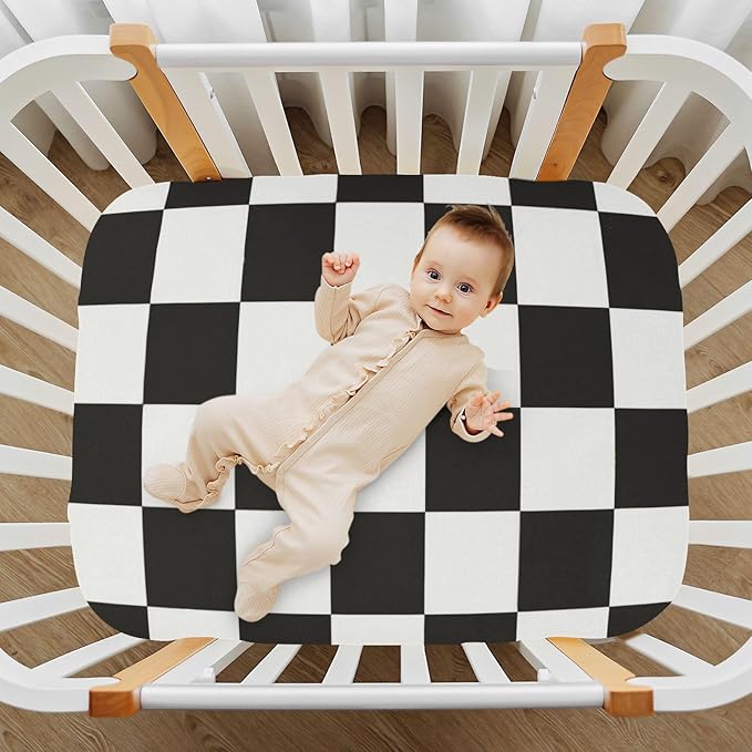Checkered Black Crib Sheets Standard Crib Toddler Mattresses Cover Fitted Baby Bed Sheet Breathable Crib Mattress Sheet for Girls Boys 39''x27''x9''