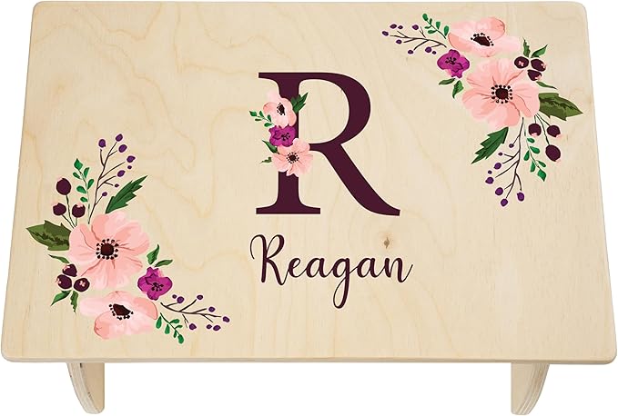Floral Step Stool for Toddlers- Personalized Wood Kids Step Stool with Name for Kitchen Sink, Bathroom, Potty Training, Toilet, Kitchen Sink- Sturdy and Safe- Made in USA by BloomOwl (Floral- Plum)