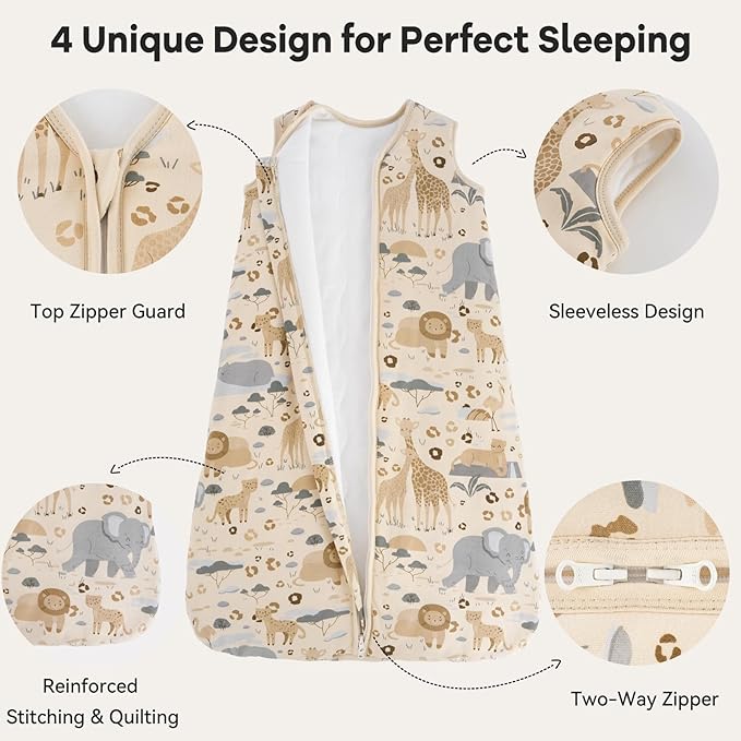 Baby Sleep Sack 0-6 Months TOG 2.5 Winter Baby Wearable Blanket, 100% Cotton Toddler Sleeping Sack with 2-Way Zipper Warm Soft Apricot Zebra