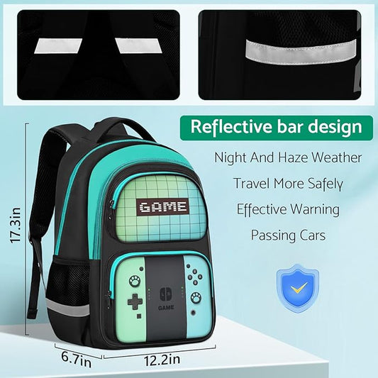 JIRAIKEI Kids Backpack For Boys，Gamer Boys Backpack For Children Teens Elementary Middle School, 17″ Students Bookbag
