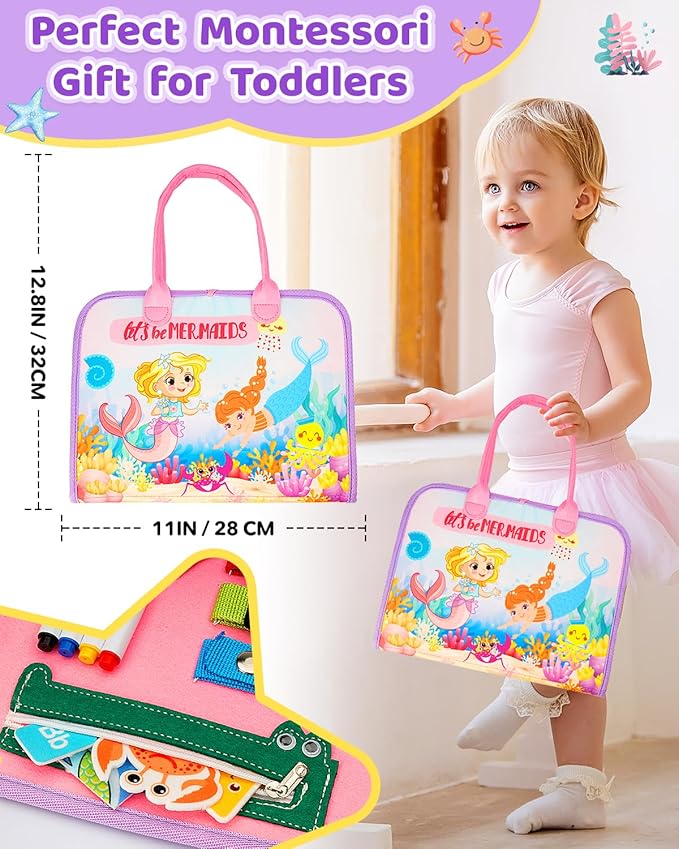 Toddler Busy Board, Montessori Toys for Toddler Girl Birthday Gifts, Learning Toys Sensory Busy Book Toys for Toddlers, Travel Educational Book for Airplane Car | Birthday Gift for Girls, Pink
