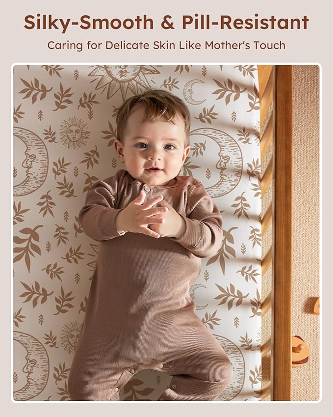 Baby Crib Sheets for Boys Girls, 28x52x8in Fitted Crib Sheet Neutral 3 Pack for Standard Crib and Toddler Mattress, Breathable Soft Microfiber Baby Sheet White Brown Sun God