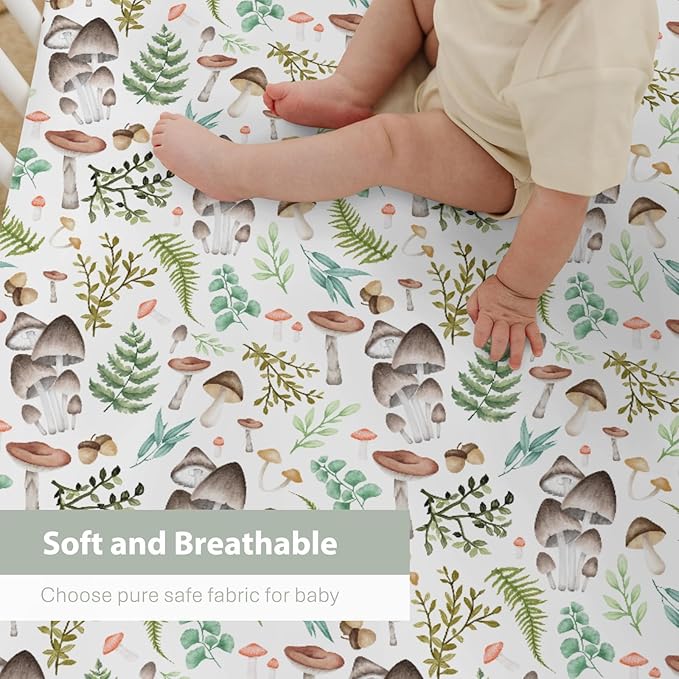 Vintage Mushroom Baby Crib Sheets for Boy Girl 52x28Inch Colorful Mushrooms Leaves Soft Snug Fitted Crib Mattress Cover Magical Plant Baby Sheet for Standard Crib & Toddler Bed Mattress