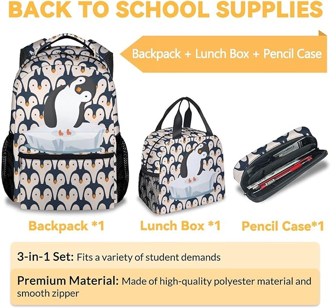 COOPASIA Penguin Backpack with Lunch Box and Pencil Case, 16 Inch Penguin Theme Bookbag with Adjustable Straps, Durable, Lightweight, Large Capacity, School Backpack for Girls Women