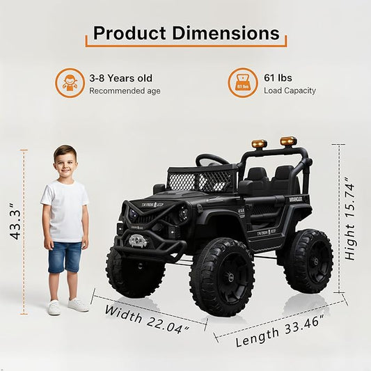 12V Kids Ride On Jeep-Style Car with Remote Control, Bluetooth Music & Stories, LED Headlights, Shock Absorption, Double Doors with Lock, Safe Speed, Battery Powered Electric Vehicle for Boys & Girls