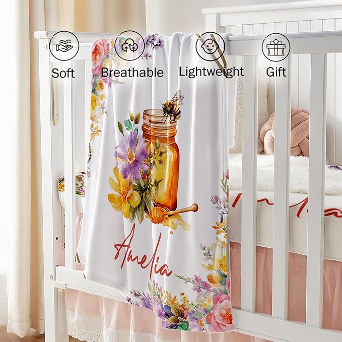 Custom Baby Crib Bedding Set, Personalized Name Colorful Bee Design Crib Set 3 Pcs, Soft Double Layer Blanket, Crib Sheet & Room Rug, Ideal Nursery Decor Gift for Baby Girls Boys
