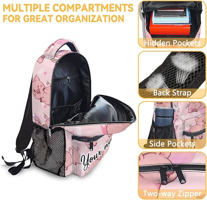 AIOMXZZ Personalized Pig Backpack with Lunch Box and Pencil Case, 16 Inch Cute Pig Bookbag Durable, Lightweight, Large Capacity, Funny Animal Backpack for School Girls Kids Women