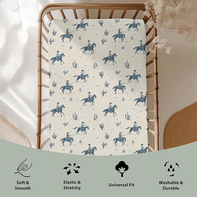 Vintage Cowboys Baby Crib Sheets for Boy Girl 52"x28" Retro Western Cowboy Horse Cactus Soft Stretchy Fitted Crib Mattress Cover Wild Desert Baby Sheet for Standard Crib and Toddler Bed Mattress