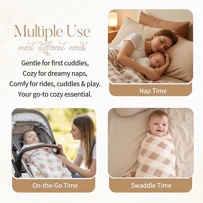 Ultra Soft Muslin Baby Blanket Made with Organic Cotton - Neutral Earth Tone Checkered Swaddle & Nursery Quilt, 43x43 (Beige-Coffee Checkered)