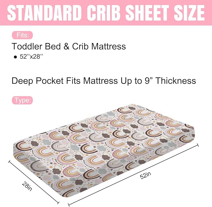 Colorful Boho Rainbow Baby Crib Sheet 52''x28'' Cute Rainbow Clouds Stars Fitted Crib Mattress Cover for Boy Girl Soft Bed Sheet for Standard Size Crib and Toddler Mattresses