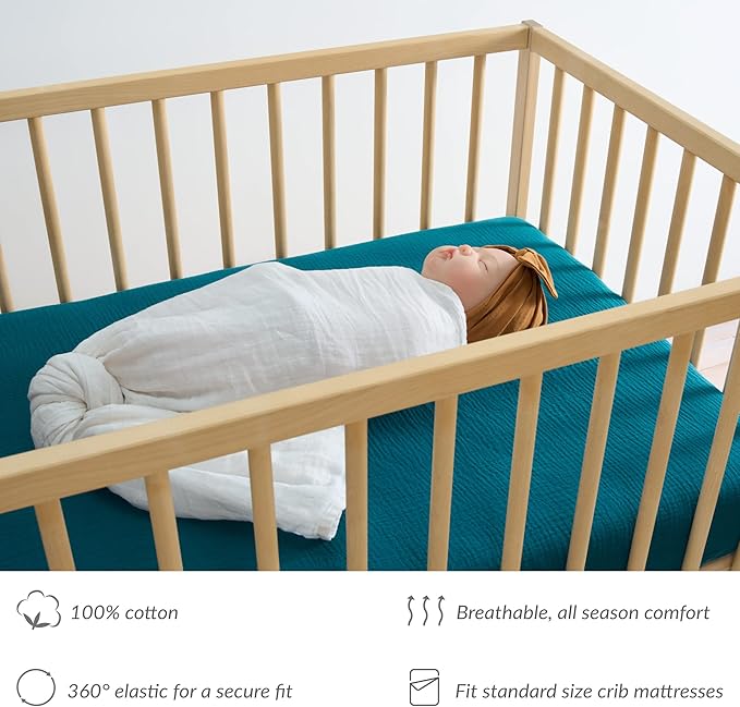Meracorallo Muslin Fitted Crib Sheet, Soft and Breathable Solid Color Baby Crib Sheet for Standard Crib and Toddler Mattresses (Teal Blue)