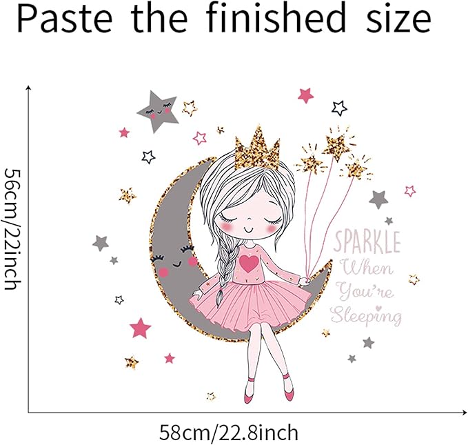 ROFARSO Colorful Cute Lovely Wall Stickers for Kids Peel and Stick Removable Wall Decals DIY Decorations Decor for Nursery Baby Girls Bedroom Playroom Living Room (Girl Sitting On The Moon)