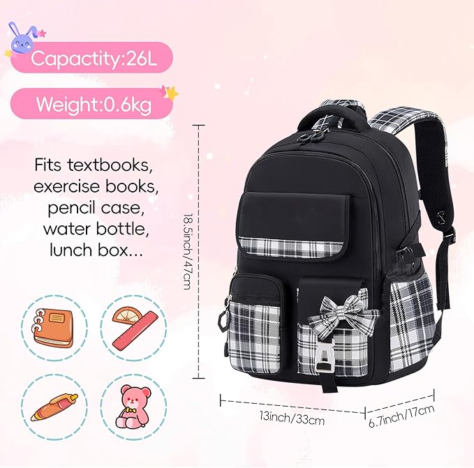 Aulenge Kids Backpack for Girls Cute Teen School Backpack Ages 8-12 with Pencil Case Set Kawaii Stitch Black School Bookbags with Multiple Pockets for Primary & Middle School Students