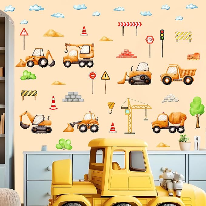 Car Truck Wall Decals Construction Vehicle Wall Stickers Cartoon Watercolor Car Tractor Stickers Peel and Stick Transportation Wall Decals for Kids Room Boys Bedroom Playroom Nursery Decor