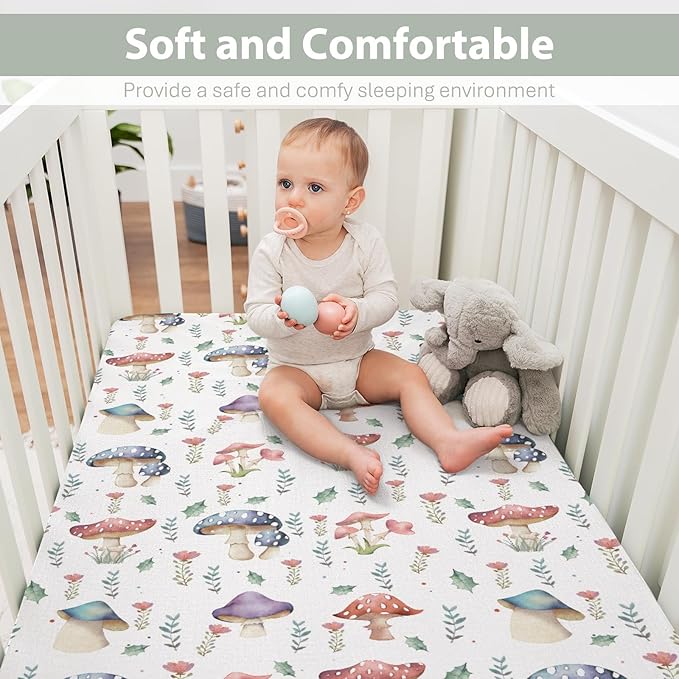 Fairytale Mushroom Baby Crib Sheets for Boy Girl 52x28Inch Colorful Mushrooms Floral Leaves Soft Snug Fitted Crib Mattress Cover Magical Plant Baby Sheet for Standard Crib & Toddler Bed Mattress