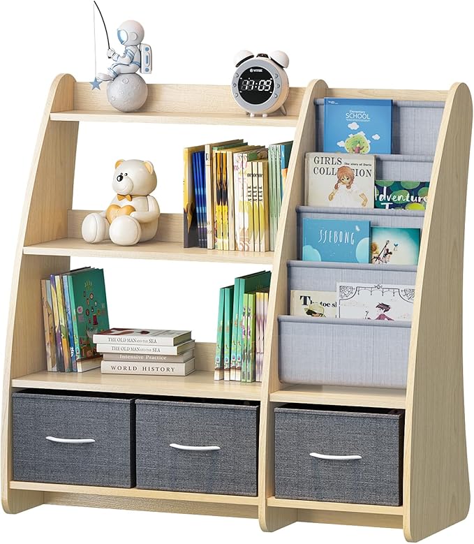 HedoAjim Kids Bookshelf Wood Toy Storage Organizer Cabinet Children Bookcase Toddler Baby Sling Book Rack 3 Cube Bins Sail Boat Arc Shape for Playroom Bedroom Nursery Classroom