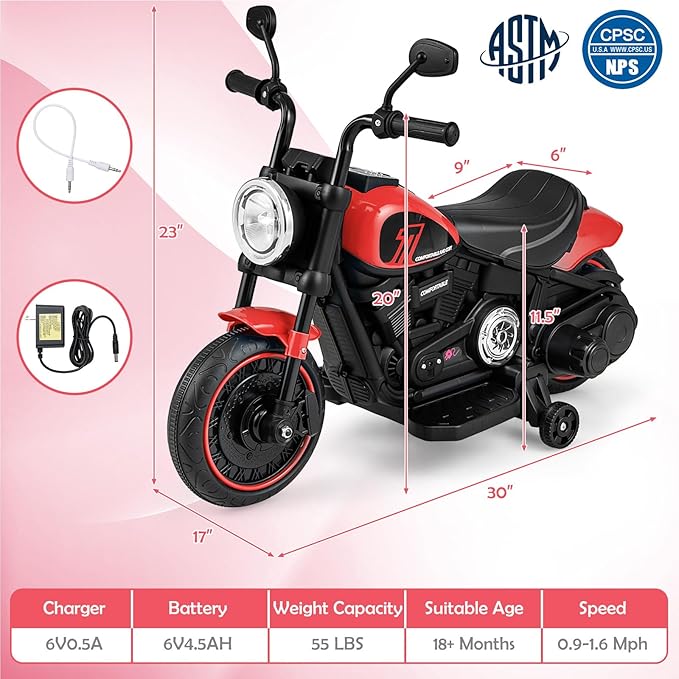 HONEY JOY Ride On Motorcycle, 6V Toddler Motorcycle with LED Light, Music, Foot Pedal, Forward/Backward, Soft Start, 3-Wheel Battery Powered Electric Motorcycle for Kids, Gift for Boys Girls (Red)